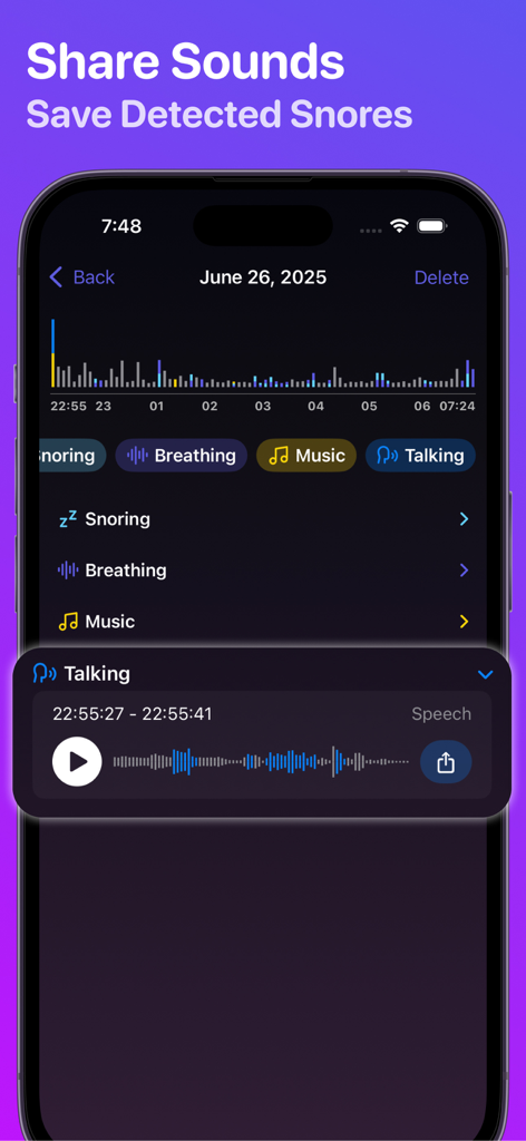Sleep Recorder - Somnio - Somnio app interface showing recorded sleep sounds with options to share detected sleep talking and snoring