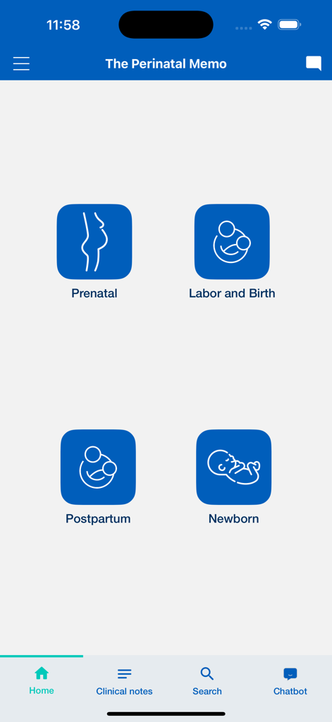 The Perinatal Memo - The Perinatal Memo mobile app home screen showing main clinical categories for prenatal, labor and birth, postpartum, and newborn care.