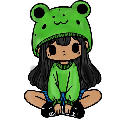 a girl wearing a frog hat and some frog socks