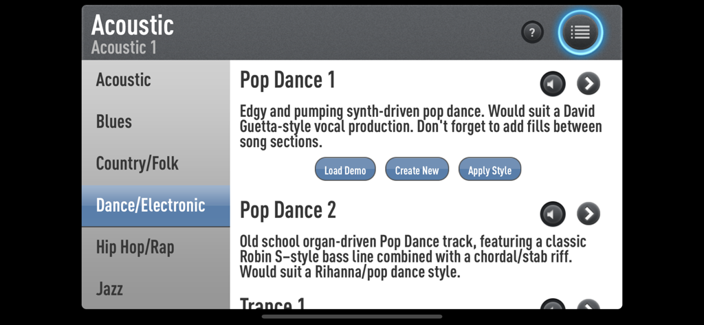 SessionBand Original - The SessionBand app interface showing a menu to select music styles like Dance and Electronic with options for Pop Dance tracks.