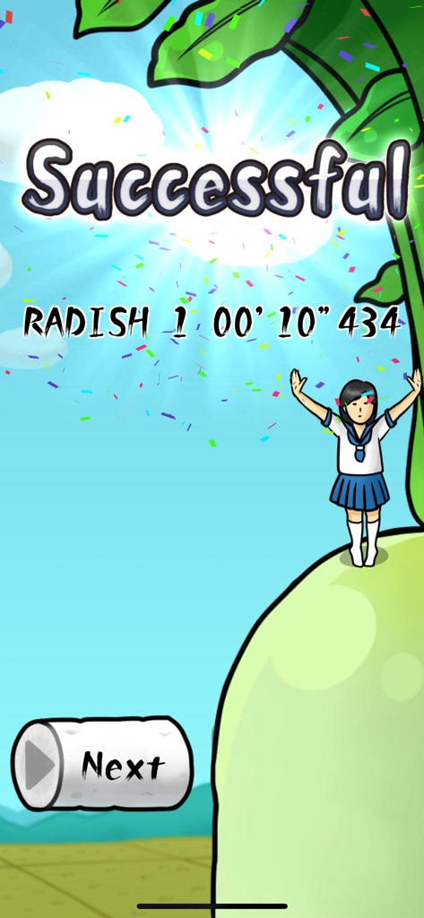 RadishGirl - Uma garota do ensino médio comemora no topo de um rabanete gigante com confetes e uma mensagem de Sucesso.