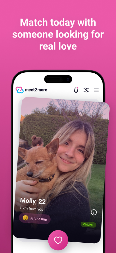 meet2more – dating and chat - A user profile on the meet2more dating app displaying a woman with a small dog and a friendship badge