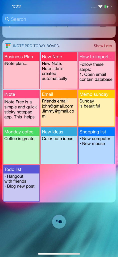A grid of color-coded sticky notes displayed on the iNote Pro Today Board widget.
