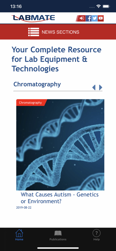 Labmate - Labmate mobile app interface showing a scientific article about genetics and the chromatography news section