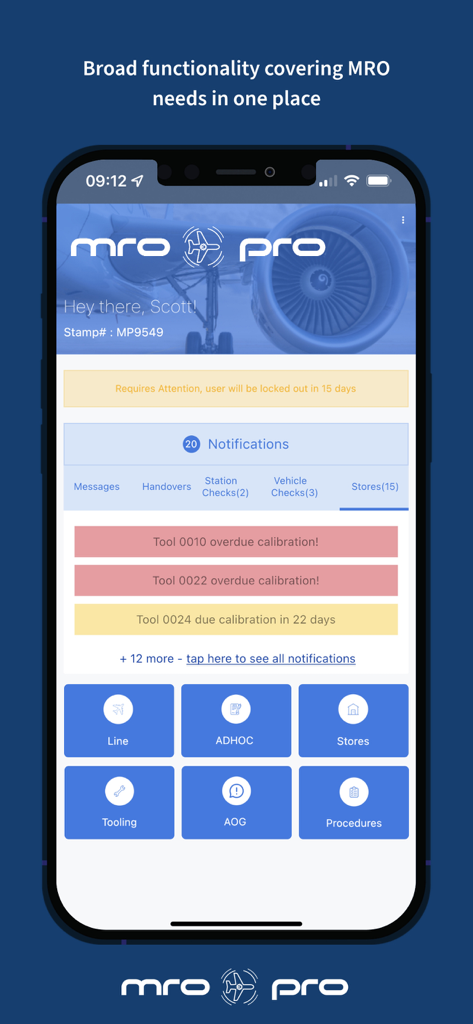 MRO-PRO - MRO-PRO mobile app dashboard displaying tool calibration notifications and aviation maintenance management categories