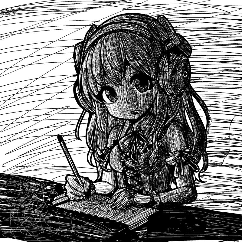 manga girl wearing headphones and drawing in sketchbook