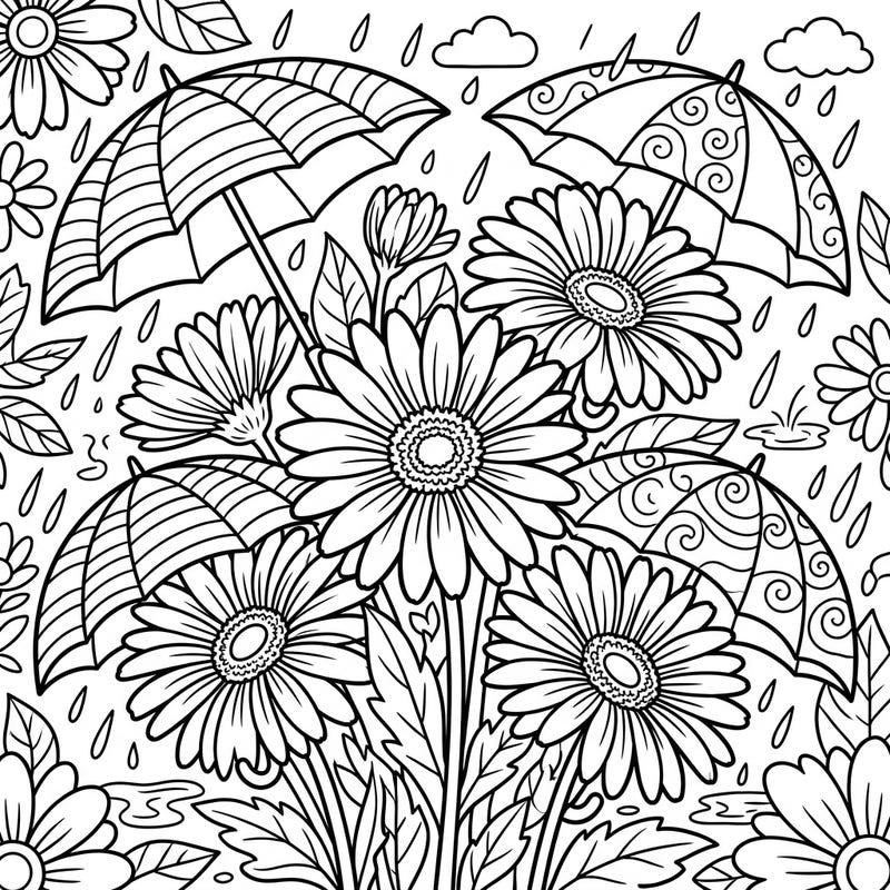 Embrace the beauty of a rainy day with our Gerbera Daisies coloring page. This intricate design features vibrant blooms, charming umbrellas, and gentle raindrops, perfect for a relaxing creative escape.