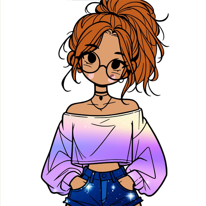girl with a messy ponytail glasses a baggy crop top and jean shorts