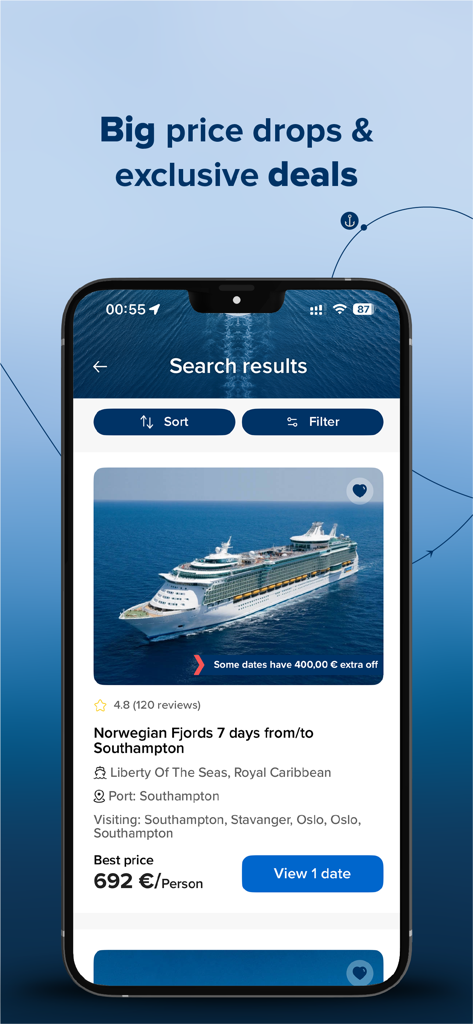 ノルウェーのフィヨルドクルーズのディールが表示されているChooseCruiseアプリの検索結果のスクリーンショット。