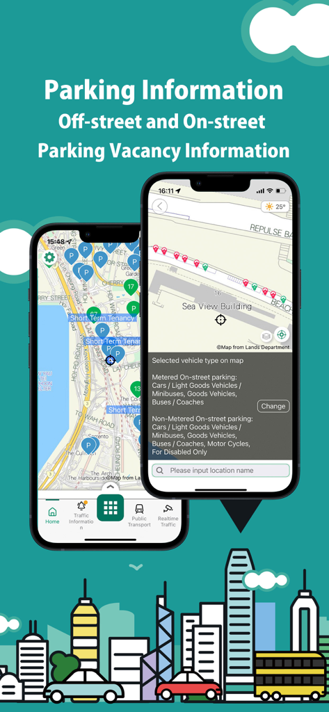 HKeMobility - HKeMobility app interface displaying real-time off-street and on-street parking vacancy on a map
