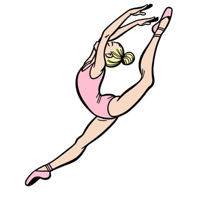 gymnast doing a leap in a leotard with a bent back leg