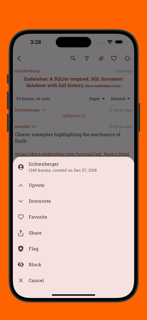 Hacki for Hacker News - Action menu for a comment in the Hacki Hacker News app showing voting and sharing options
