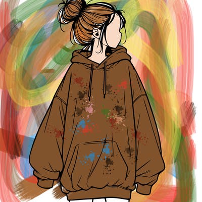 realistic girl with a oversized sweatshirt on and a bun