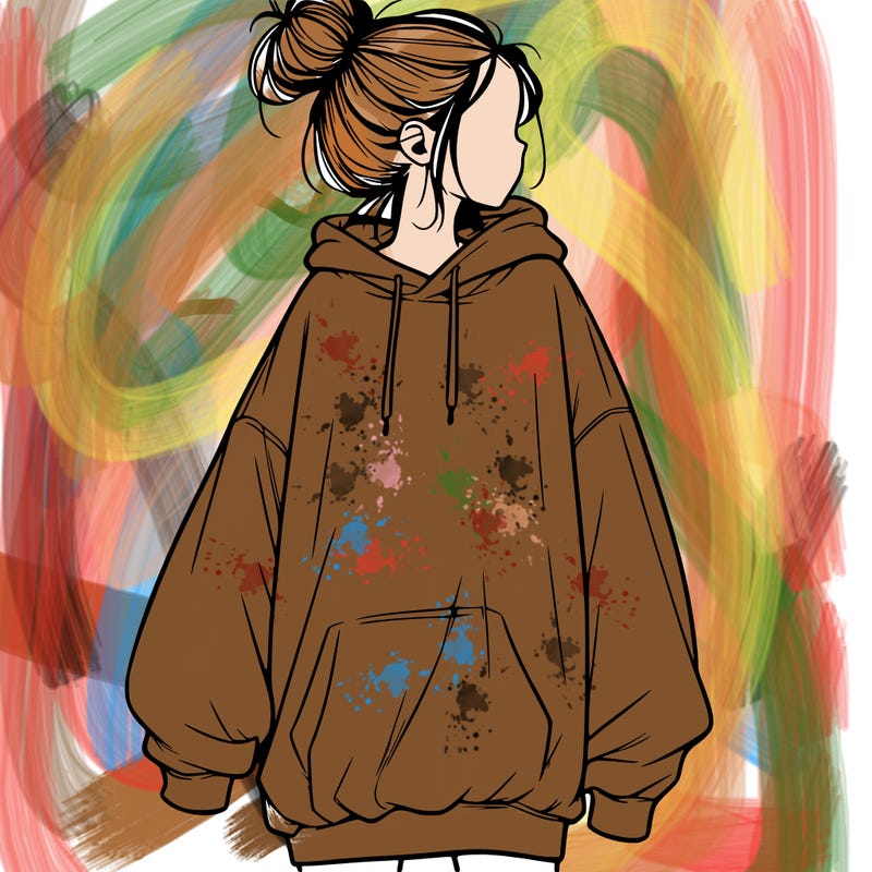 realistic girl with a oversized sweatshirt on and a bun