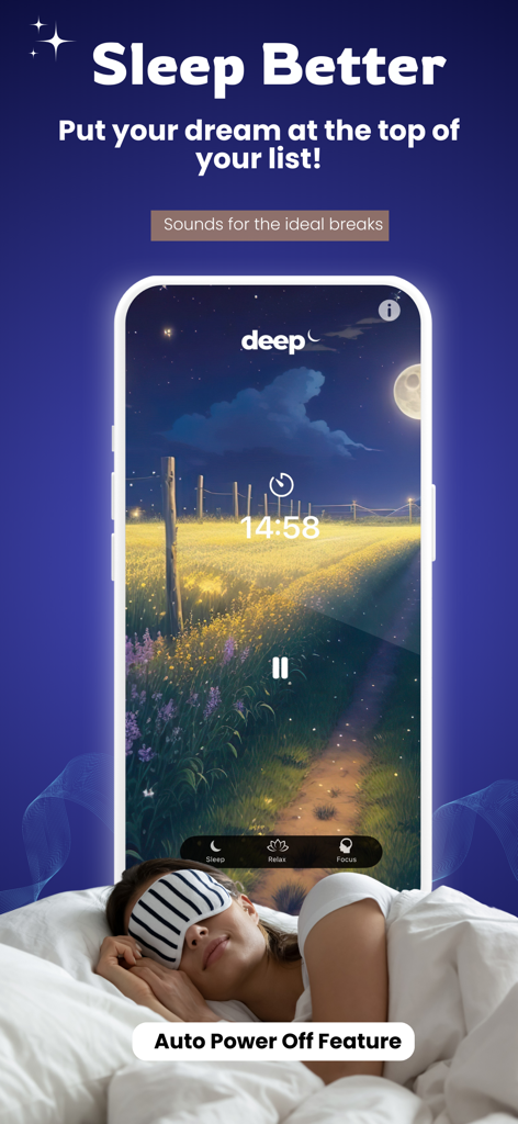Deep - Sleep Sounds & Relax - Interfaz de la aplicación Deep mostrando un temporizador de sueño sobre un campo iluminado por la luna con una mujer durmiendo cómodamente con antifaz.