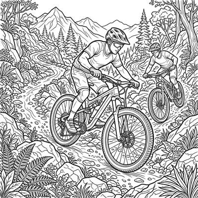 Gear up for an adventure with this exciting mountain biking coloring page, crafted for teens who love the thrill of the ride. Featuring two bikers tackling a rugged trail, this detailed design promises an engaging and creative challenge.