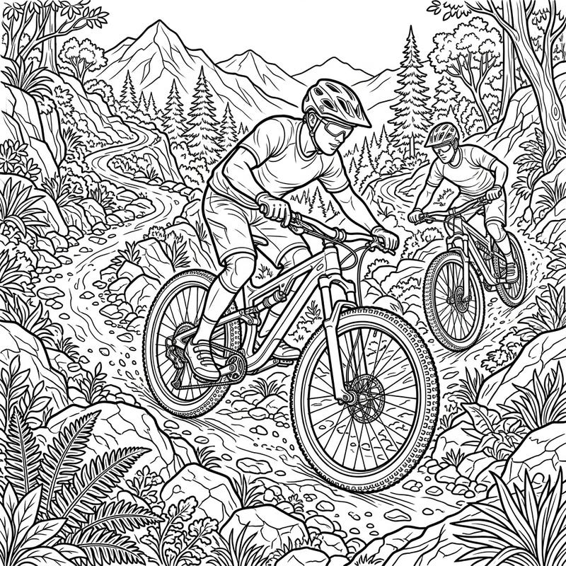 Gear up for an adventure with this exciting mountain biking coloring page, crafted for teens who love the thrill of the ride. Featuring two bikers tackling a rugged trail, this detailed design promises an engaging and creative challenge.