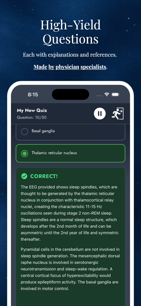 NowYouKnowMed - Screenshot of NowYouKnowMed app showing a correctly answered medical quiz question with a detailed explanation and physician-verified content.