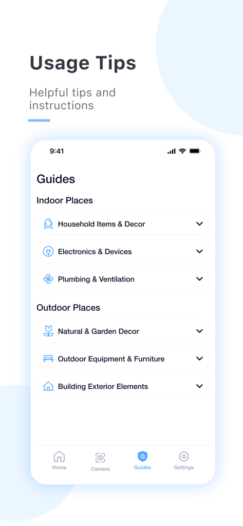 Interface de l'application Yi iot plus affichant une liste de guides pour vérifier les emplacements intérieurs et extérieurs à la recherche d'appareils cachés.