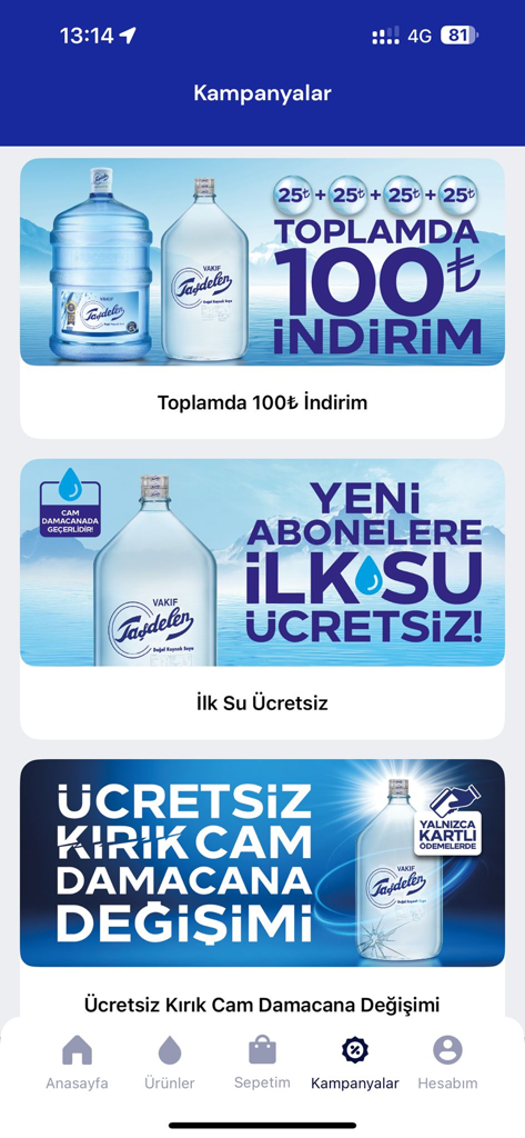 Vakıf Taşdelen Su - Abone Ol - App di consegna acqua Vakif Tasdelen che mostra offerte speciali e sconti