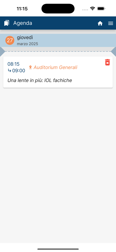 Associazione Aiccer - Pantalla de agenda de la aplicación AICCER que muestra una sesión médica marcada sobre LIOs Fáquicas