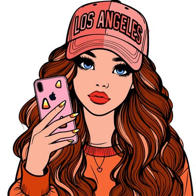 realistic beautiful girl wearing los ángeles cap holding an iphone