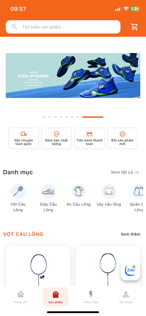 ShopVNB mobile app homepage displaying badminton rackets shoes and equipment categories