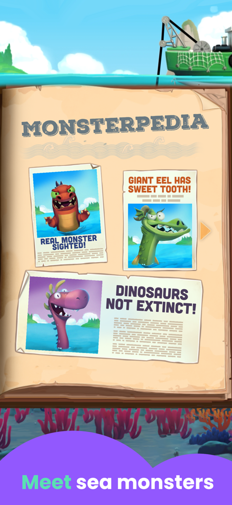 Sea Monster Fishing Games - Monsterpedia journal showing a collection of colorful sea monsters in the game