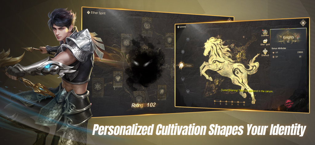 Conquer Online IIのキャラクター育成画面。戦士のヒーローと金色の馬の精霊メニューが表示されている。