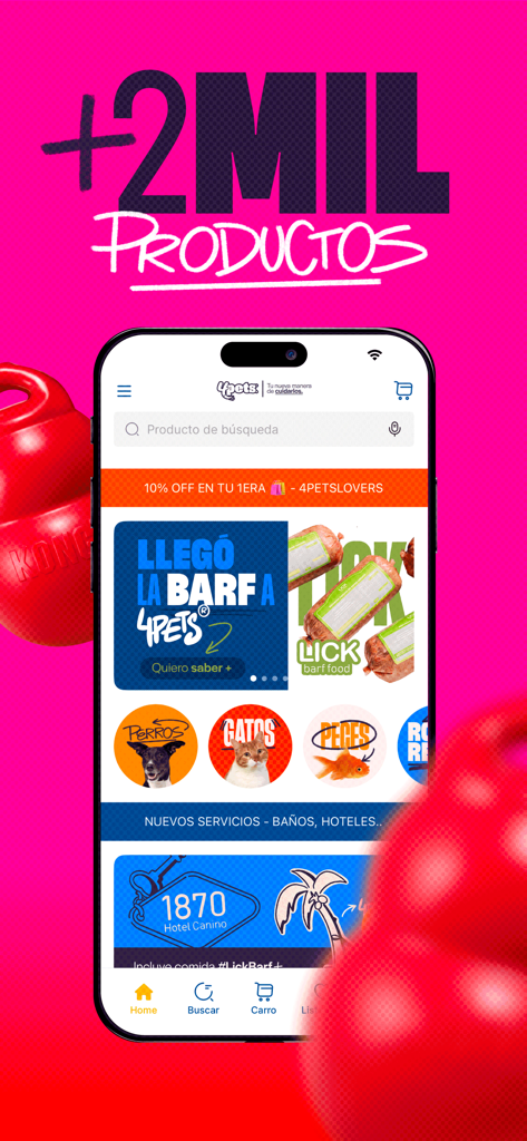 Interfaz de la aplicación móvil 4Pets que muestra una variedad de productos y servicios para mascotas sobre un fondo rosa brillante