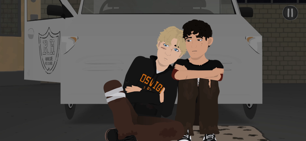 ゲーム「Nocturnals」で、2人の若い男性、テッドとディエゴが白い車の前に一緒に座っている