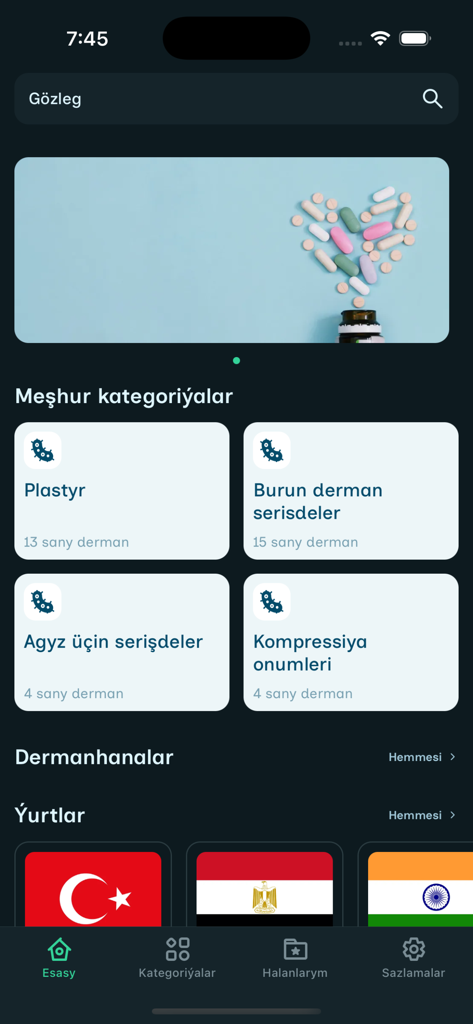 Melhem - Tela inicial do aplicativo de saúde Melhem exibindo categorias de medicamentos e funcionalidade de pesquisa