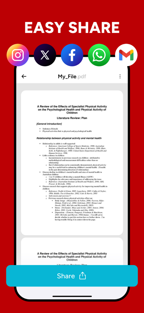 JPG to PDF - PDF Convertor - Easy share screen of the PDF converter app showing document preview and sharing icons for social media and email
