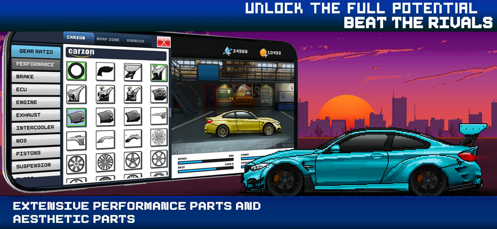 Interfaz de personalización de coches de arte pixelado que muestra piezas de rendimiento y un coche de carreras pixelado contra un fondo de ciudad al atardecer