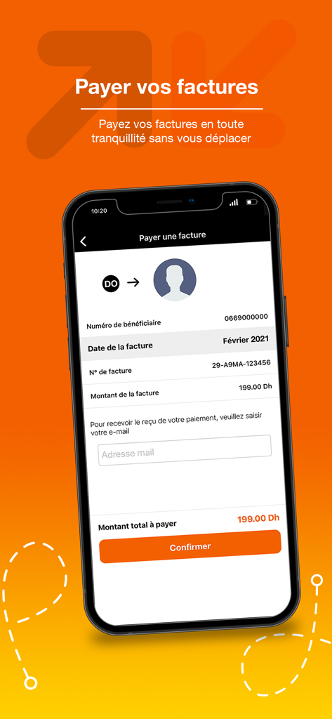 Orange Money Maroc app screenshot showing the interface to pay utility bills remotely from a mobile phone