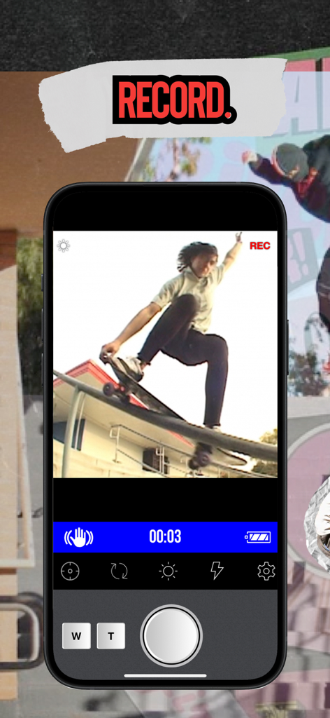 VX Skateboarding Camcorder - iPhone screen showing the VX Cam app interface recording a skater performing a trick on a rail with vintage lo-fi effects