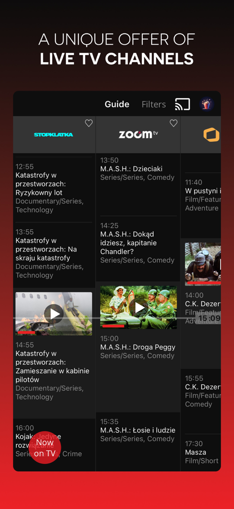 FilmBox+ - FilmBox plus app interface displaying a guide for live TV channels with schedules for documentaries and series.