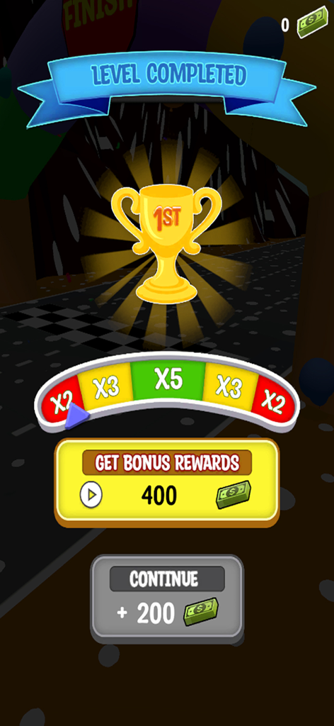 Car Shape Funny Transform Race - Tela de nível concluído em um jogo de corrida mostrando um troféu de primeiro lugar e multiplicadores de recompensa