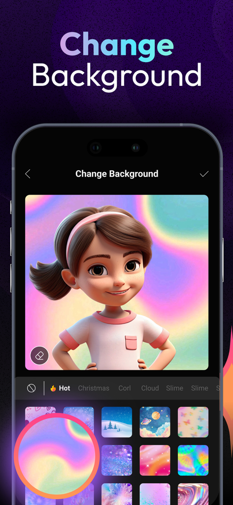 Toon AI: Cartoon photo editor - Una pantalla móvil de la aplicación Toon AI que muestra a una chica caricaturizada con un fondo iridiscente y varias opciones de estilo de fondo.