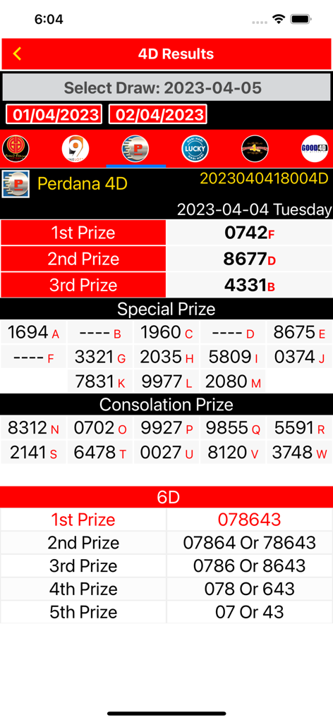 Lotto 4D Results Live 4D Toto - 1, 2, 3등 당첨 번호를 보여주는 Perdana 4D 및 6D 복권 결과 모바일 앱 화면