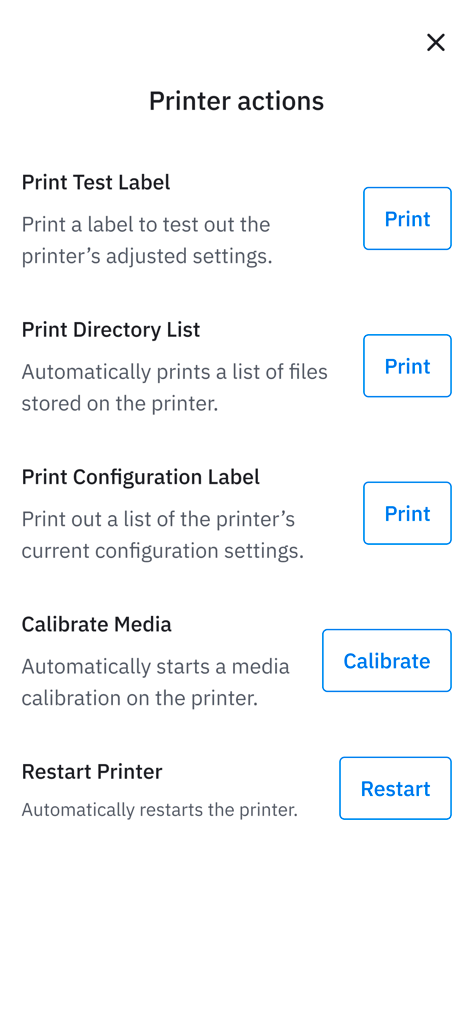 Zebra Printer Setup Utility v3 - Mobile app screen showing printer actions for Zebra setup utility including print test label and calibrate media