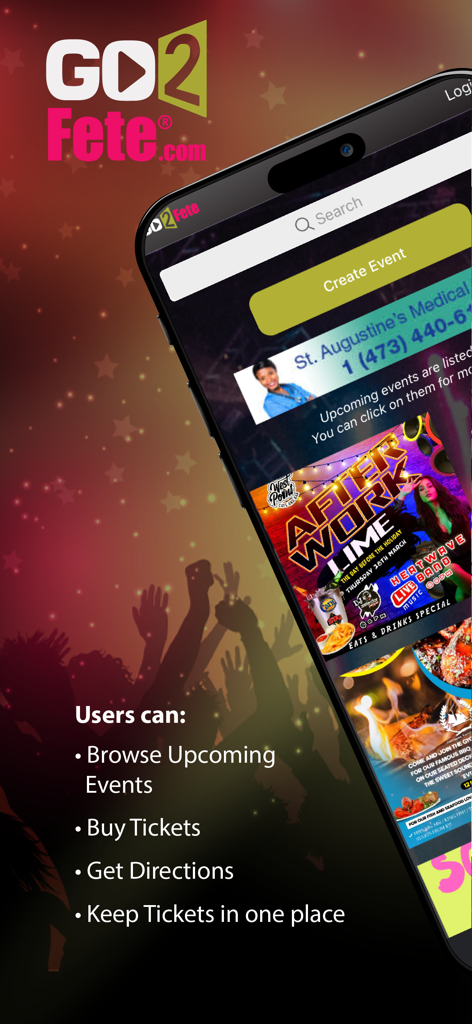 Go2Fete app screen showing event listings and ticket management features