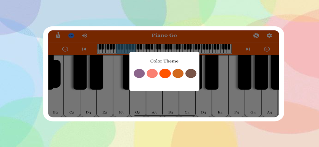 Interfaz de la aplicación Piano Go que muestra la selección de temas de color en un teclado de piano virtual