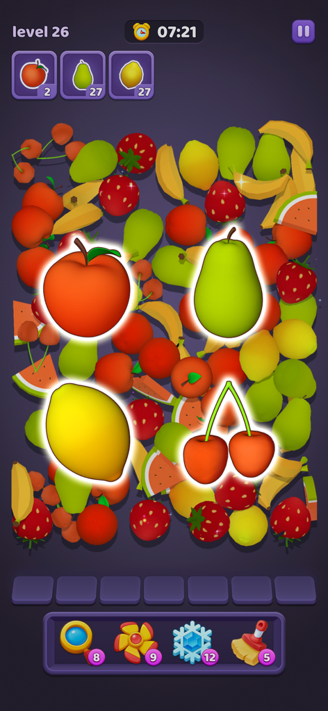 A screenshot of Match Family Triple Match 3D showing a puzzle level with colorful 3D fruit tiles to sort and match