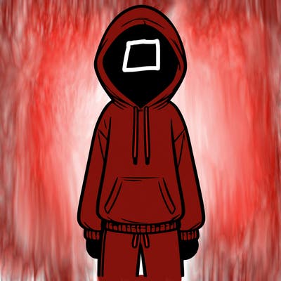 faceless girl in a tracksuit with a hood on and no hair