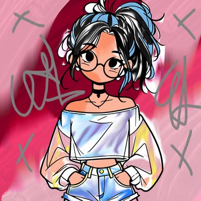 girl with a messy ponytail glasses a baggy crop top and jean shorts