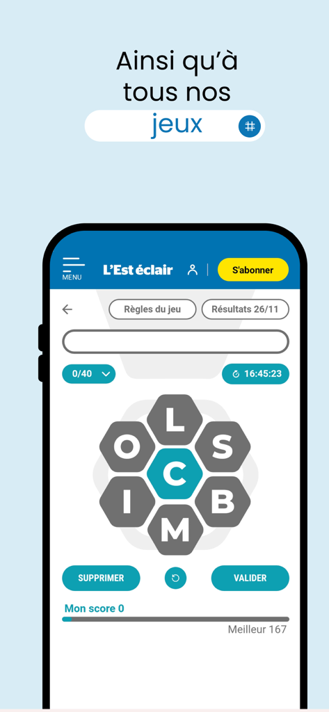 Word game puzzle interface on the L'Est éclair mobile app