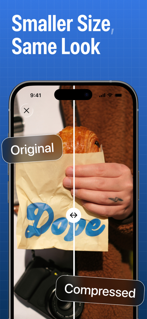 원본 사진과 압축 버전 사진을 나란히 비교하여 시각적 품질은 동일하게 유지하는 스마트폰 화면