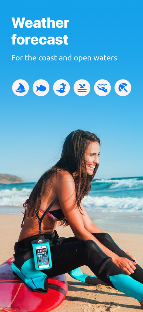 Nautide: Tides, Wind, Waves + - Woman on a surfboard at the beach with coastal weather forecast text and marine activity icons