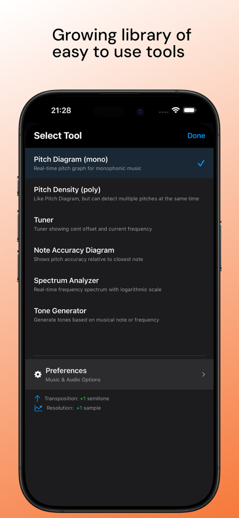 Pitch Diagram: Vocal Tuner - Interface of the Pitch Diagram app showing a list of music tools like tuner and spectrum analyzer